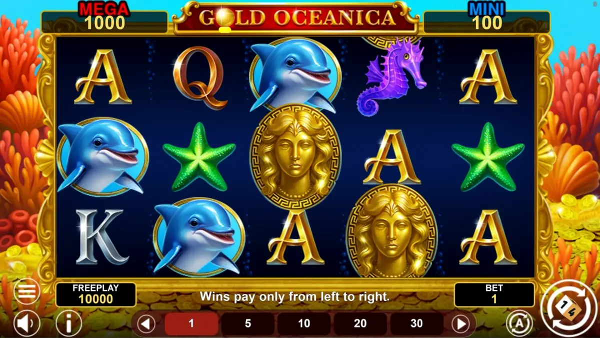 Pemandangan bawah laut yang memukau dalam slot Gold Oceanica dengan simbol-simbol laut yang berkilauan.