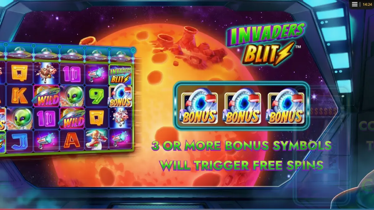 Tampilan layar permainan slot Invaders Blitz dengan tema alien dan sapi luar angkasa