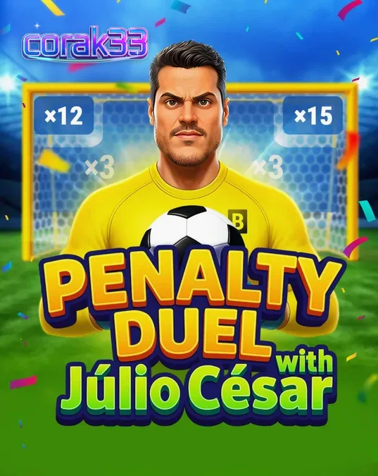 Tampilan antarmuka permainan Penalty Duel with Júlio César yang menampilkan kiper di depan gawang